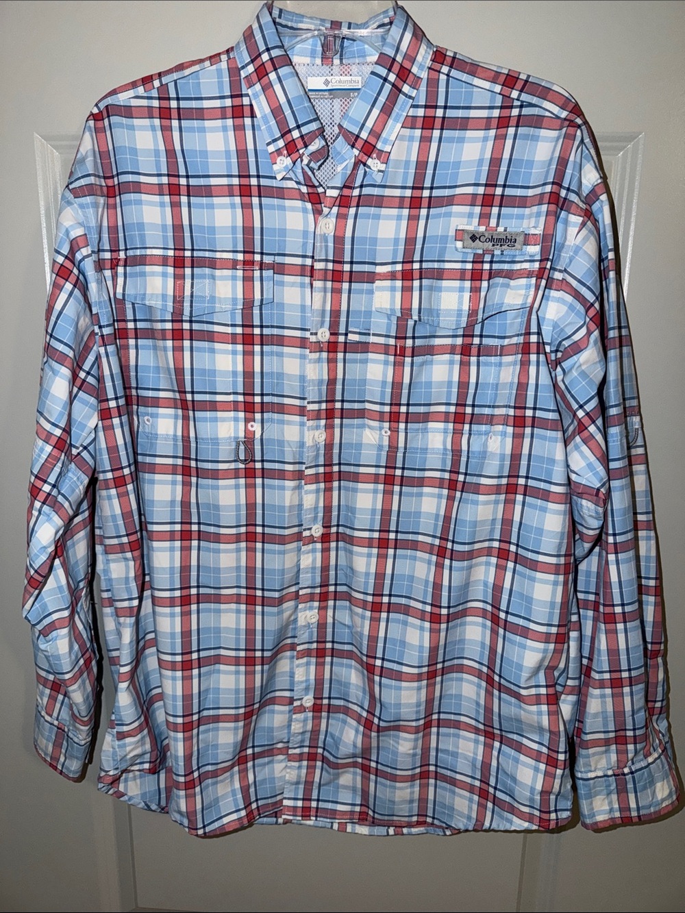 Columbia PFG Fishing Shirt Mens S Blue Gingham Super Bahama Long Sleeve UPF